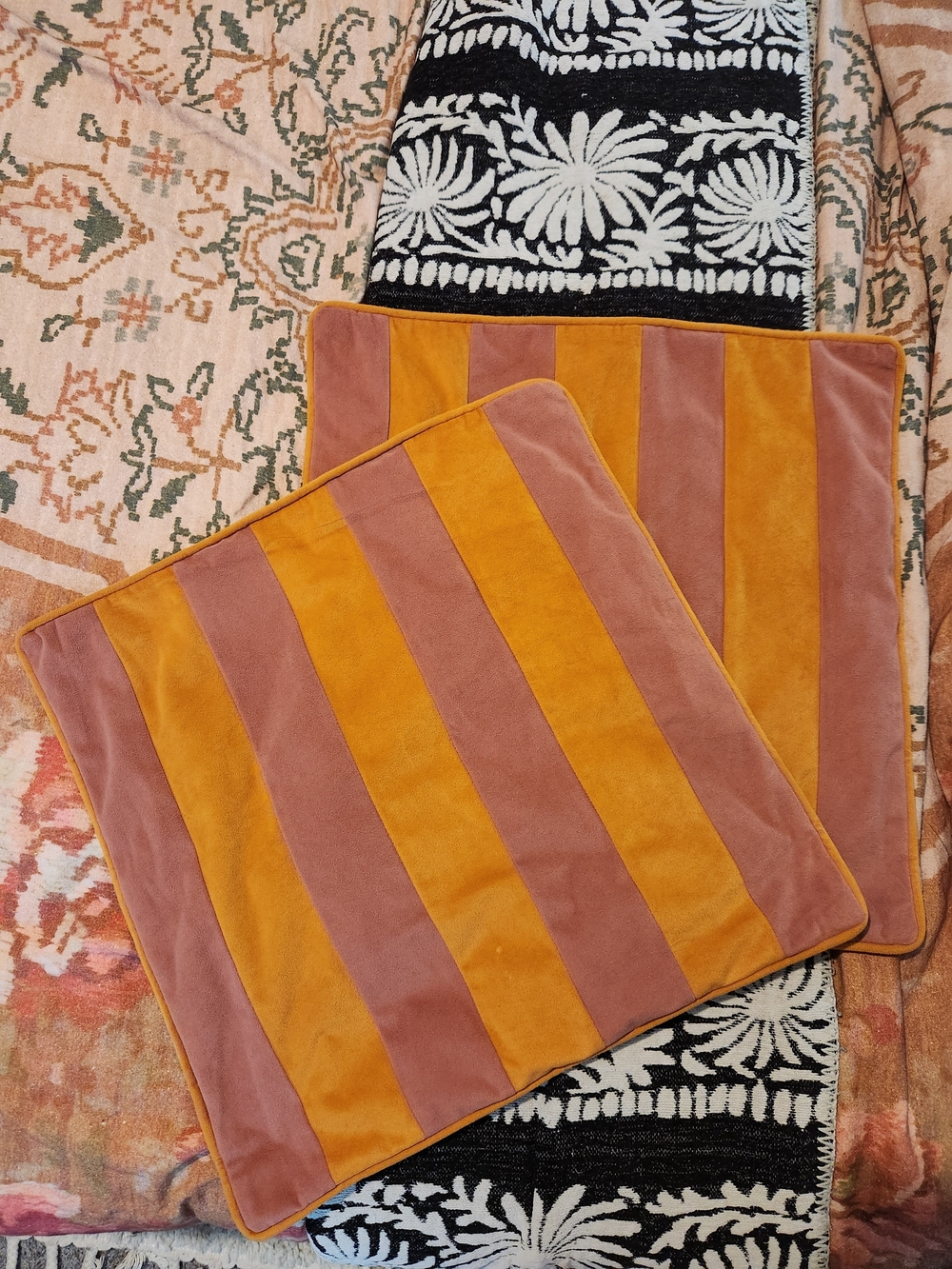 Striped Velvet Throw Pillow Covers in Orange Yellow and Dusty Rose